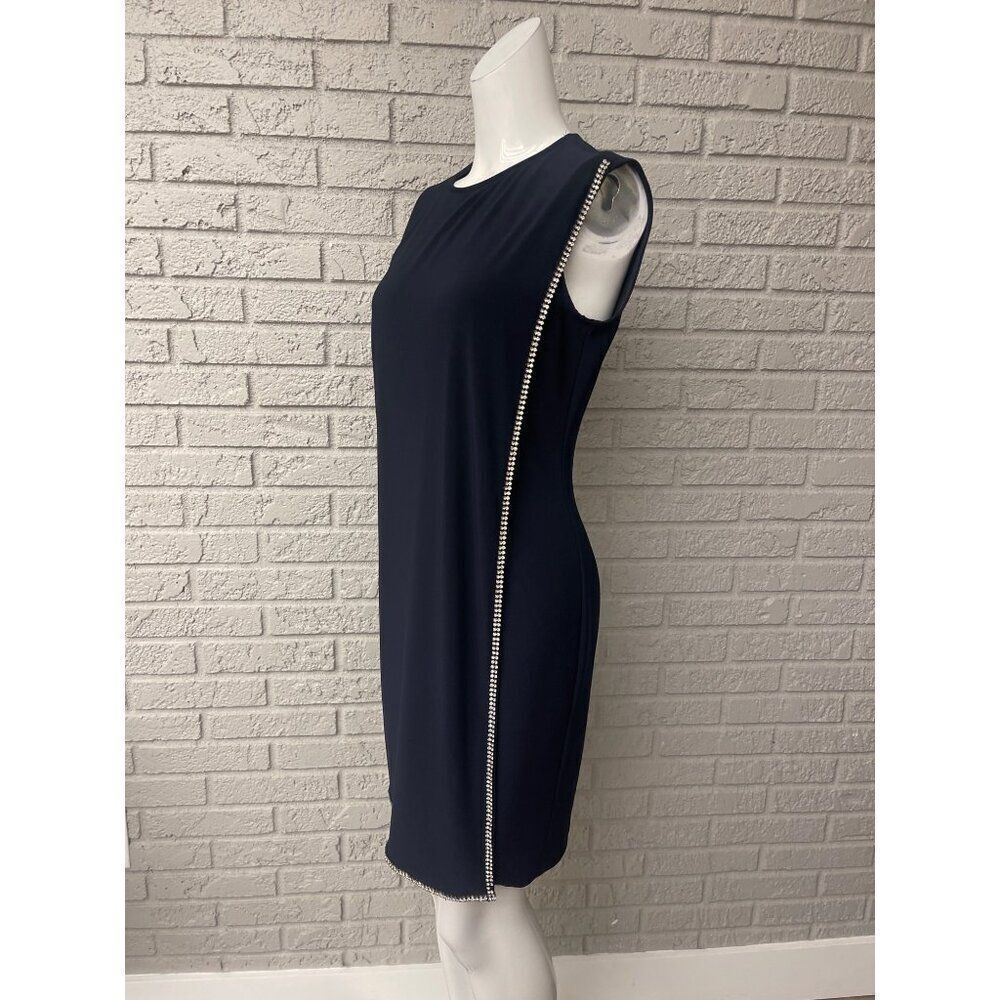 Joseph Ribkoff Women Navy Knit Sleeveless Overlay Rhinestone Trim Dress Size 6 - Picture 5 of 12
